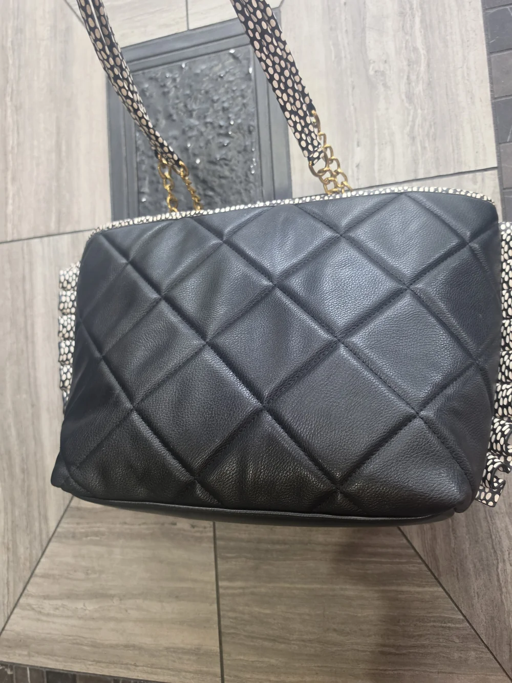 Betsey Johnson Black Quilted Tote with Ivory Bow Accent